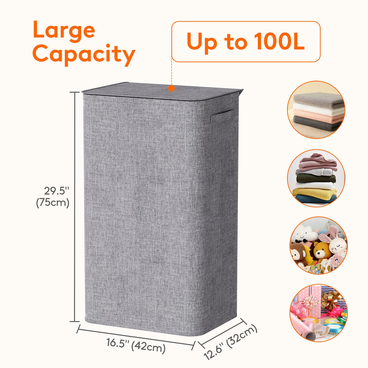 Laundry Hamper with Lid, Large Laundry Basket with Lid Handles and 2 Removable Bags, Tall Foldable Dirty Clothes Hamper for Laundry Room, Bathroom, Dorm, Bedroom, Grey,100L