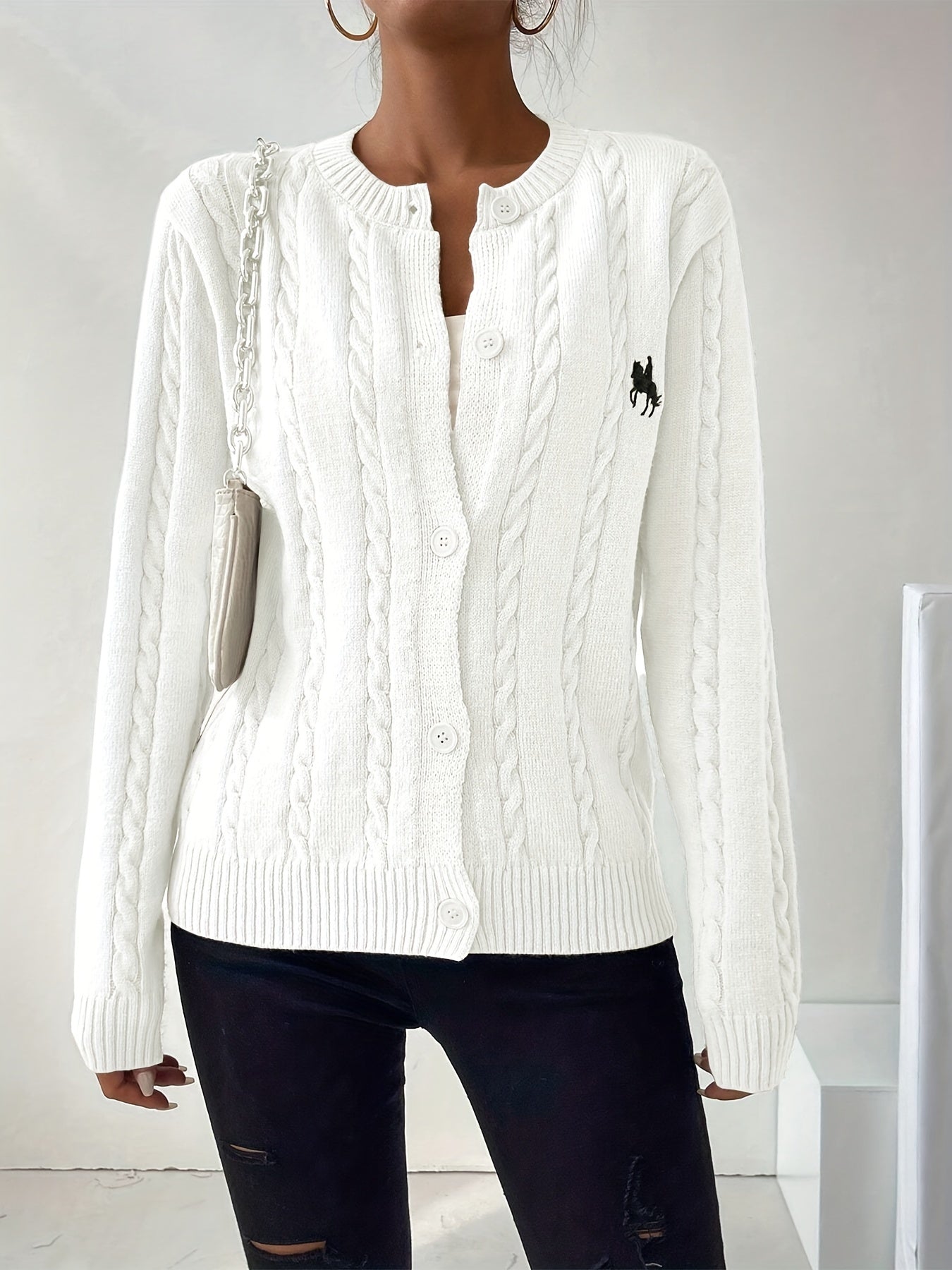 Cable Knitted Cardigan - Classic Button Front Closure, Ultra-Casual and Relaxed Fit, Long Sleeves for Added Warmth - Perfect for Transitional Seasons (Spring & Fall), Designed Exclusively for Womens Clothing