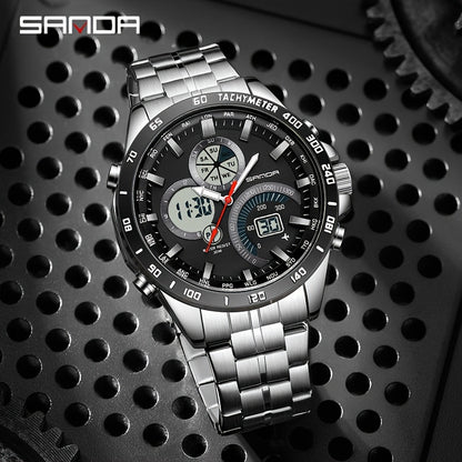 1pc SANDA Men'S Sports Watch - 30m Water Resistant, Casual Style, Dual Display, Round Zinc Alloy Case, Stainless Steel Band, Electronic Movement, Alarm, Stopwatch, Night Light, Sleep Monitor, Weekly Calendar - Fashionable Electronic Wristwatch for Men