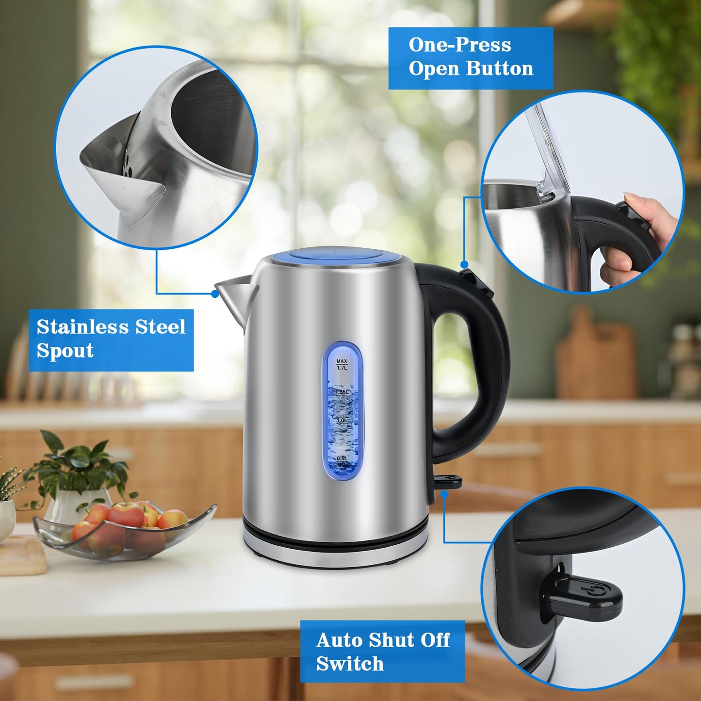 Electric kettle, 1.7L stainless steel kettle with blue LED indicator 2200W fast boil kettle for hot water tea or coffee cordless kettle with auto shut-off and boil-dry protection