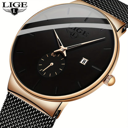 LIGE Fashion Men's Watches Luxury Quartz Watch Mesh Steel Waterproof Sports Watch, Ideal choice for Gifts