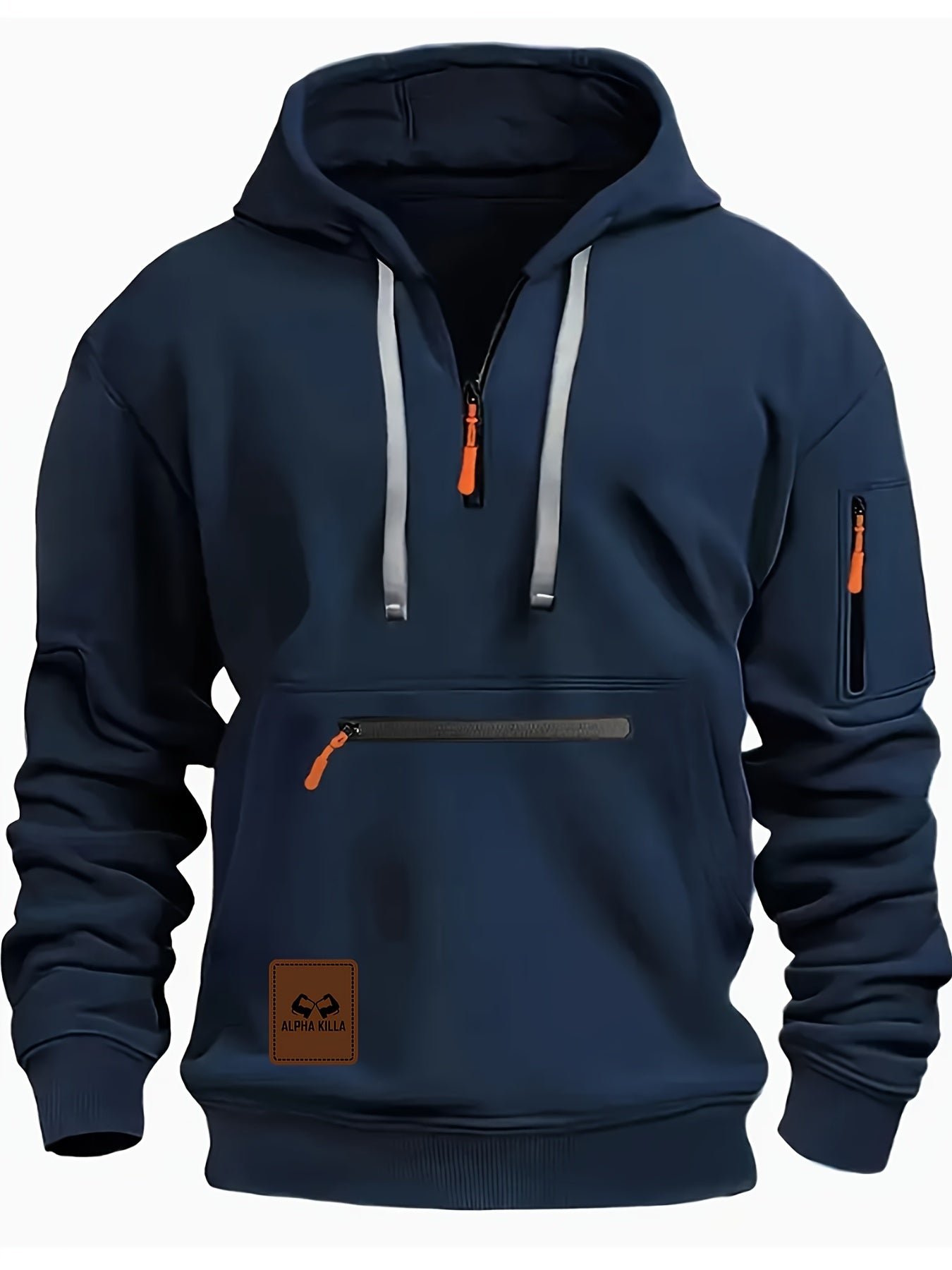 Men's Casual Hoodie with Zip & Pockets - Comfort Fit Polyester Pullover, Solid Color Knit Sweatshirt for Spring/Fall/Winter