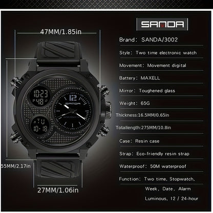 SANDA Men's Fashion Sports Watch - Waterproof, Dual Display with Stopwatch & Date Function, Luminous, Rubber Strap