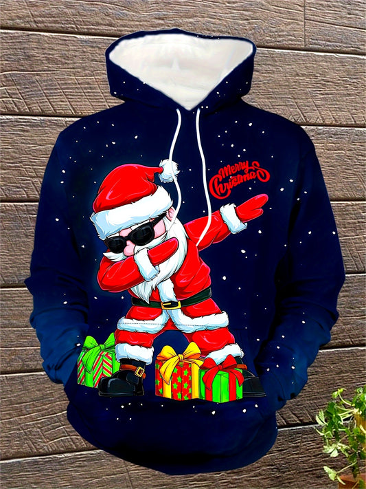 Christmas Theme Cartoon Style Santa Claus, Gift Boxes And Starry Sky Print Men's Loose Hoodie With Drawstring And Kangaroo Pocket, Hooded Sweatshirt For Spring/Fall