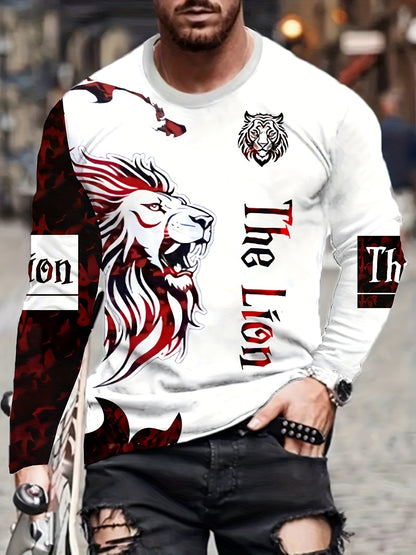 Men'S 3D Printed Lion Graphic Long Sleeve T-Shirt - Casual Sports Top with Polyester Fabric, Knit Weave, Regular Fit for Adult Males - Fashionable Round Neck for Running, Exercise, Outdoor Activities