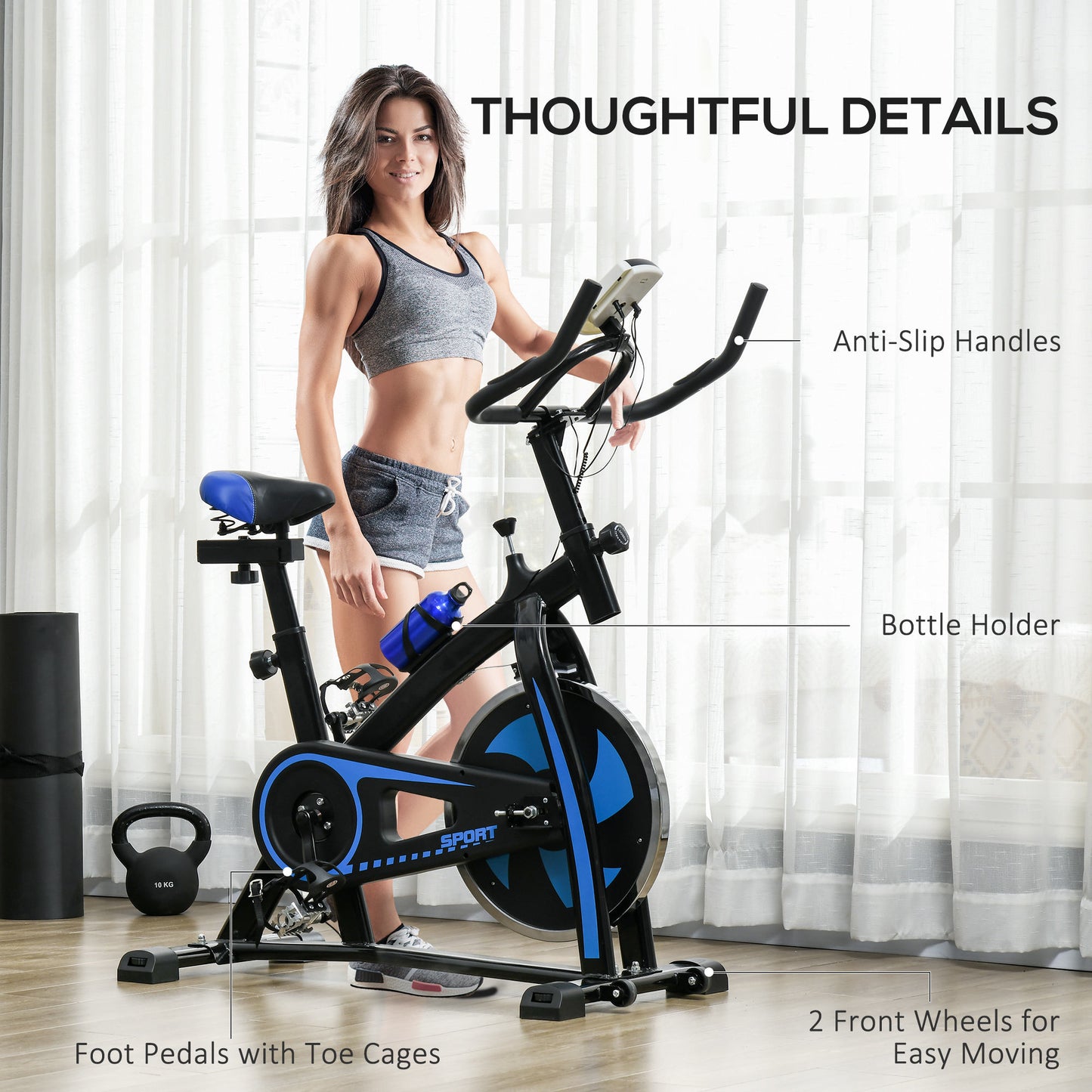 Indoor Exercise Bike, Stationary Bike, Cycling Machine with Adjustable Seat and Resistance, Heart Rate Sensor, for Home Gym Workout