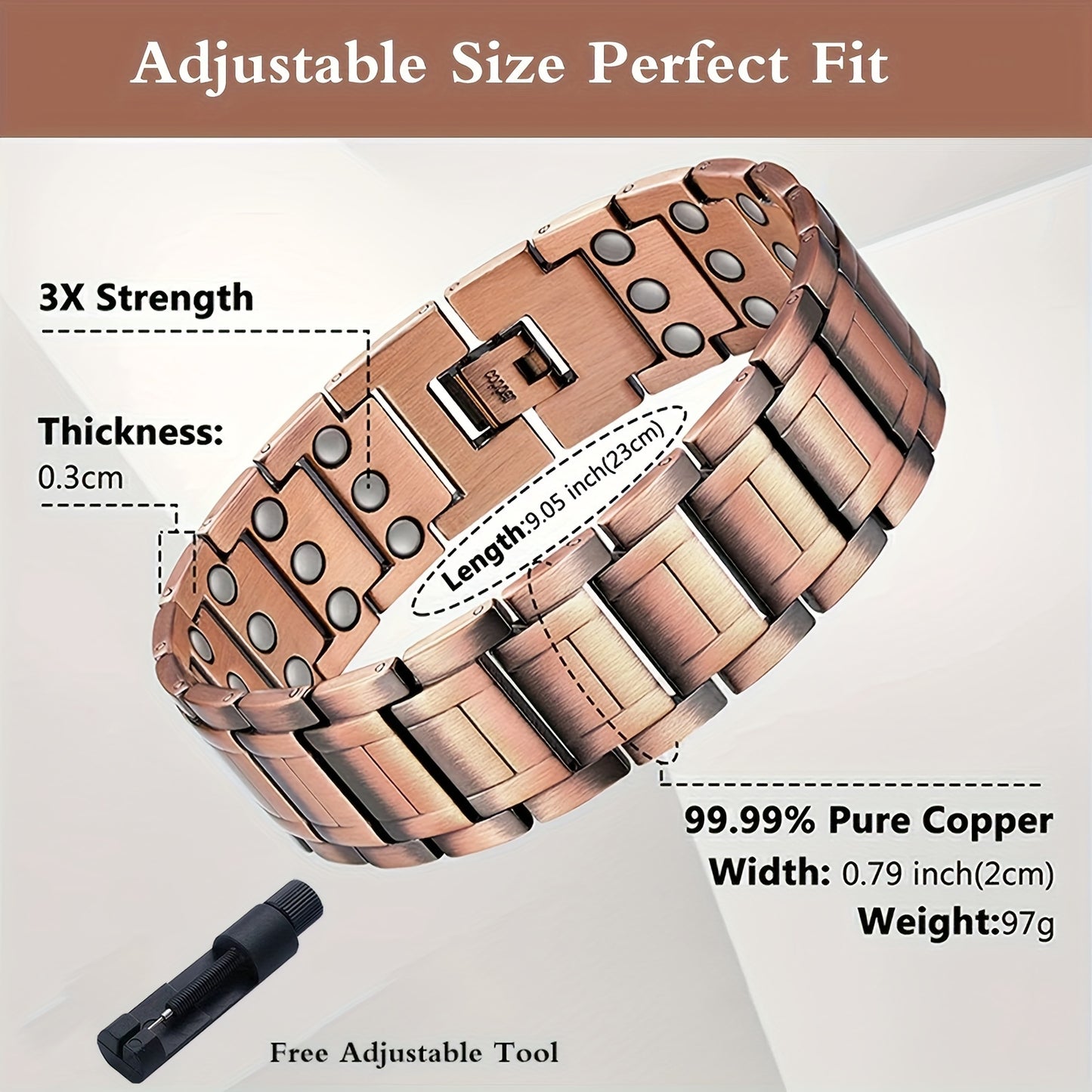 1pc 99.99% Pure Copper Men's Magnetic Bracelet with 3X Ultra Strength 3500 Gauss Magnets, Unique Wristband Brazaletes and Adjustment Tool