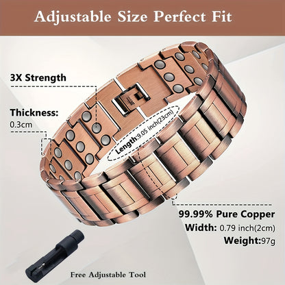 1pc 99.99% Pure Copper Men's Magnetic Bracelet with 3X Ultra Strength 3500 Gauss Magnets, Unique Wristband Brazaletes and Adjustment Tool