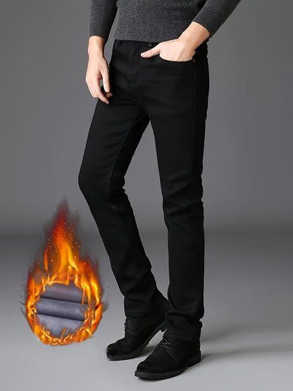 Men's Classic Warm Fleece-Lined Jeans - Stretch Denim, Straight Leg for Business & Casual Wear, Machine Washable