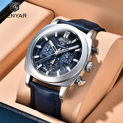 Benyar Men's Fashion Quartz Watch - Business Style with Luminous Calendar, Durable Zinc Alloy Case & Faux Leather Strap