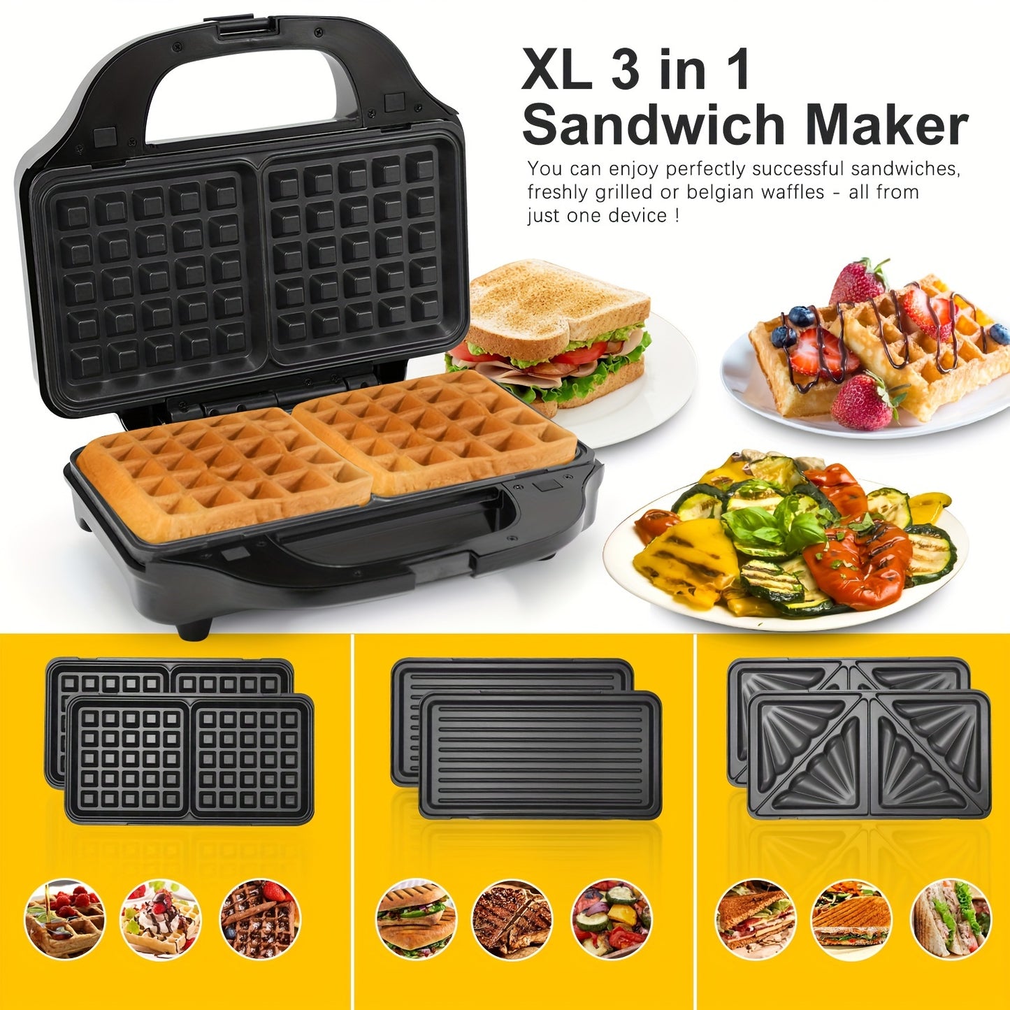 SUPERLEX 3 In 1 Sandwich Maker, Deep Fill Panini Waffle Press Grill, Multi-Function Stainless Steel Toastie Bread Cooker With 900W 6 Slices Automatic Temperature Machine, Non-Stick Cooking Plate & CoolTouch Handle Easy Clean For Even Cooking