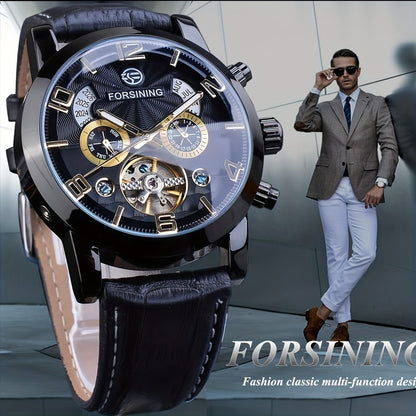 Men's Luxury Tourbillon Automatic Mechanical Watch - Wave Design, Black Golden Multifunction Dial, Date Display, Luminous Hands, Water Resistant, Stainless Steel Band, Fashionable Wrist Watch for Business or Casual Occasions