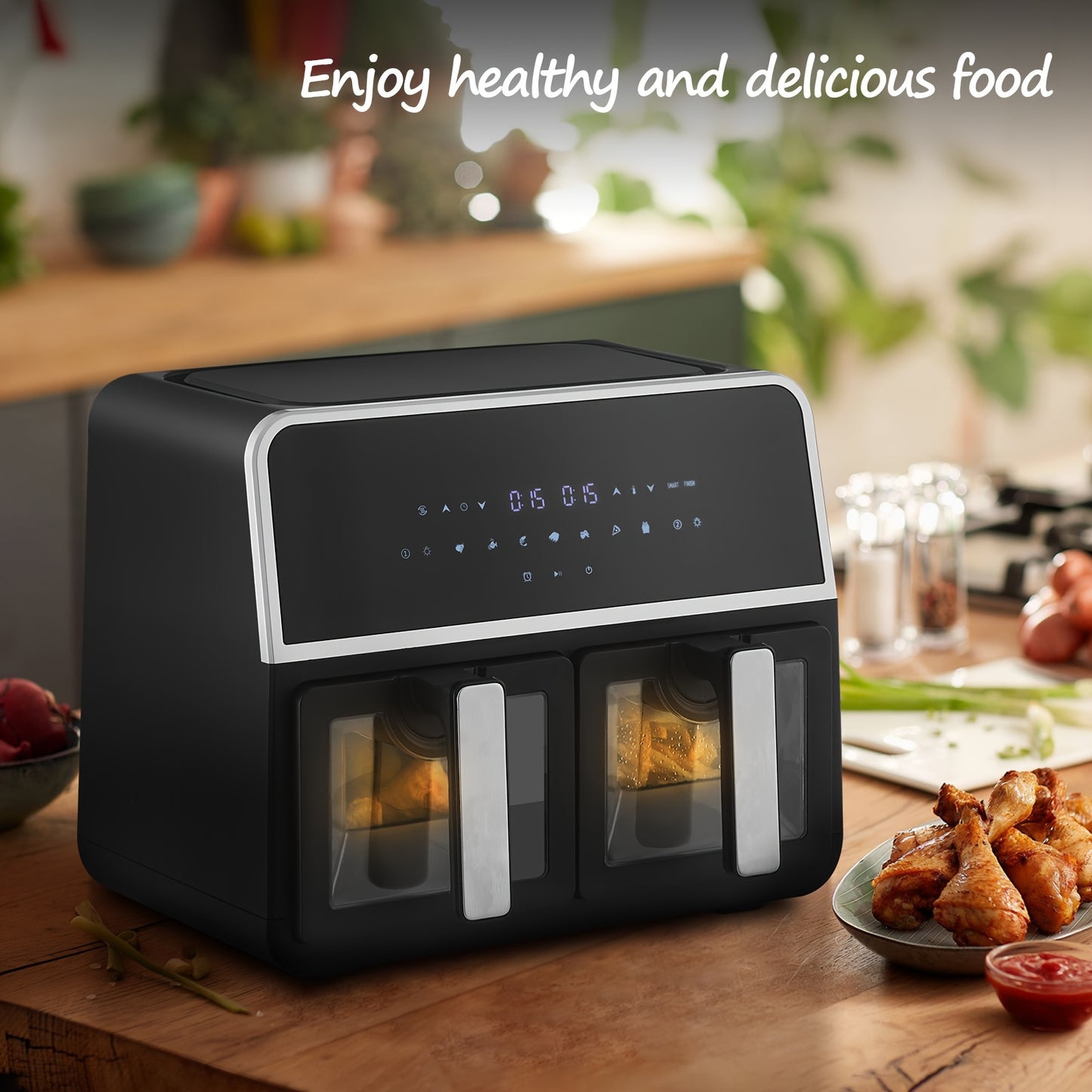 CLIPOP Double Air Fryer, 9L Dual Air Fryer Large Air Fryer For Family, LED Touch Display Air Fryers, Air Fryer Oven With 12 Pre-Set Cooking Programs For Oil Free & Low Fat Healthy Cooking