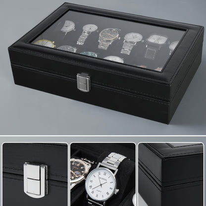 1pc Classic 12-Slot Lockable Watch Box with Glass Lid, Faux Leather Tabletop Watch Holder, Faux Leather Interior, Button Closure - Ideal Gift for Men and Women on Birthday, Father'S Day, Valentine'S Day, Jewelry Boxes