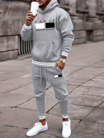 2pcs Paris Letter Print Hooded Sweatshirt & Drawstring Waist Sweatpants Set for Men