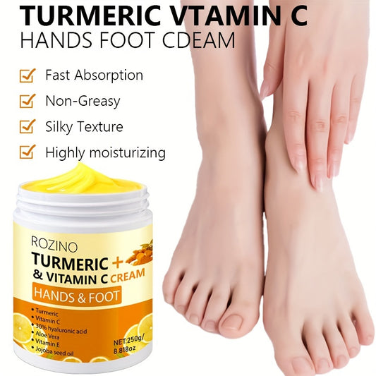 ROZINO Turmeric & Vitamin C Hand and Foot Cream, 250g - Hypoallergenic, Fast-Absorbing Moisturizer for Dry Skin with Glycerin, Vit C, Hyaluronic Acid, Aloe Vera, Jojoba Oil for All Skin Types