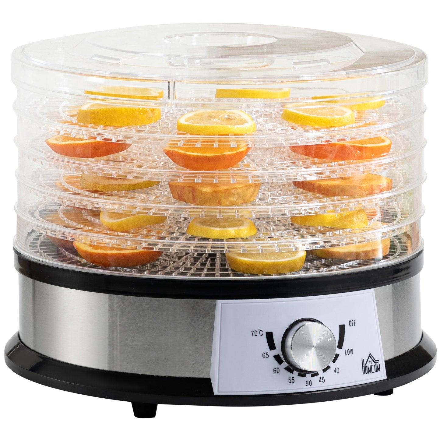 HOMCOM Food Dehydrator Machine, 250W Stainless Steel Food Dryer with Adjustable Temperature and 5 Removable Trays for Drying Fruit, Meat, Vegetable, Jerky and Pet Treat, Silver