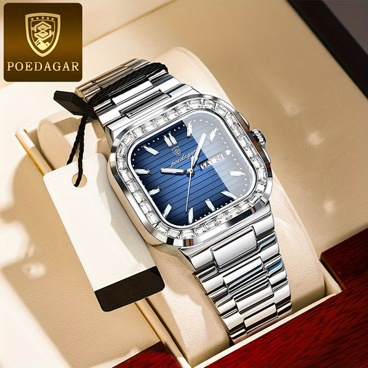 POEDAGAR Men's Luxury Stainless Steel Quartz Watch - Waterproof, Luminous with Dual Calendar, Business Style Square Wristwatch