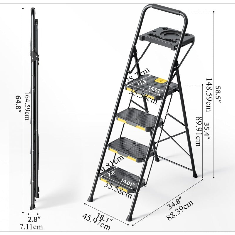 4 Step Ladder, Step Ladder 4 Step Folding with Tool Tray and Handrails, Lightwight Household Ladder for Your Kitchen, Pantry, Closets, Office Use