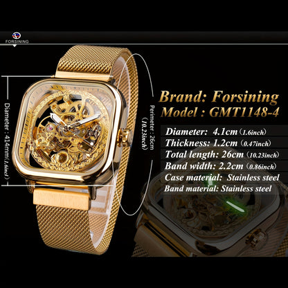 Forsining Luxury Men's Mechanical Watch - Engraved, Luminous Hands, Stainless Steel Mesh Band, Hand-Winding Skeleton Design - Perfect Gift for Him