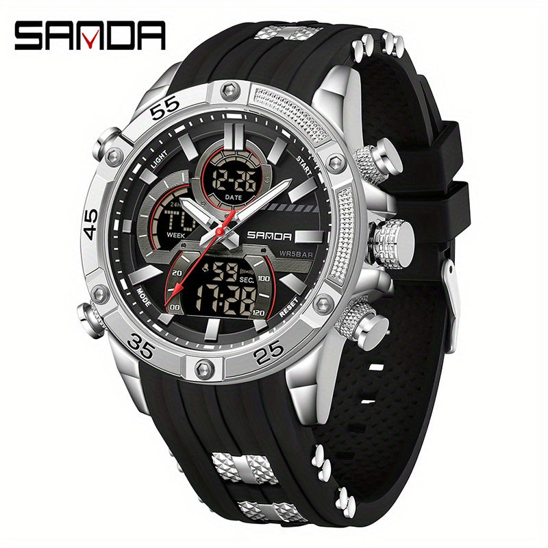 Sanda Men's Electronic Watch, Multi Functional Night Light Waterproof Rubber Dual Display Sports Watch