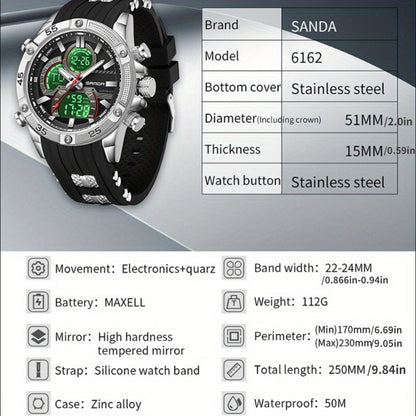 Sanda Men's Electronic Watch, Multi Functional Night Light Waterproof Rubber Dual Display Sports Watch