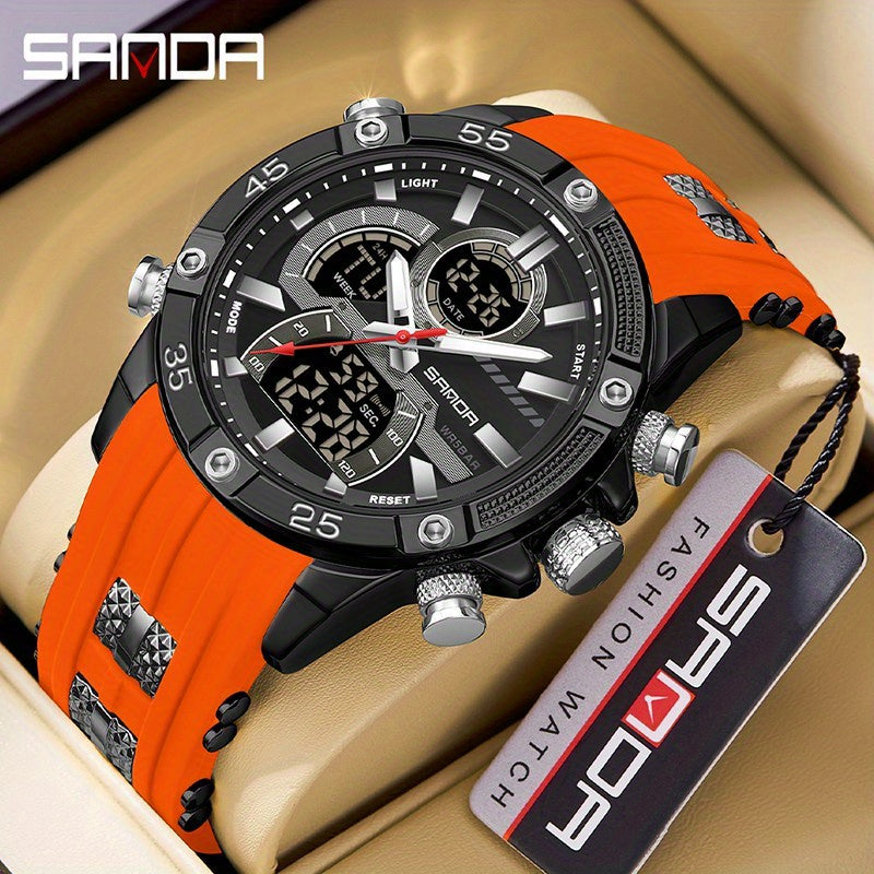 Sanda Men's Electronic Watch, Multi Functional Night Light Waterproof Rubber Dual Display Sports Watch