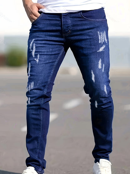 2pcs Men'S Casual Skinny Jeans, Stretch Denim, Solid Color, Washed Details, Regular Length, All-Season Woven Denim Pants