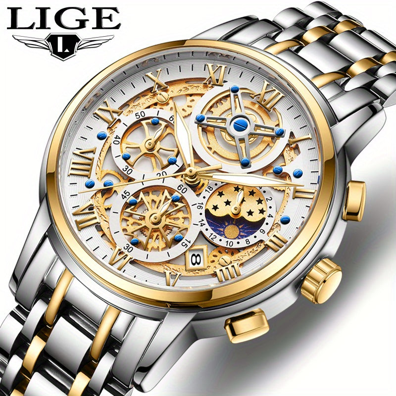 LIGE Unisex Quartz Watch, Zinc Alloy Case, Luminous Display, Calendar, Business Casual Wristwatch, Ideal For Gifts