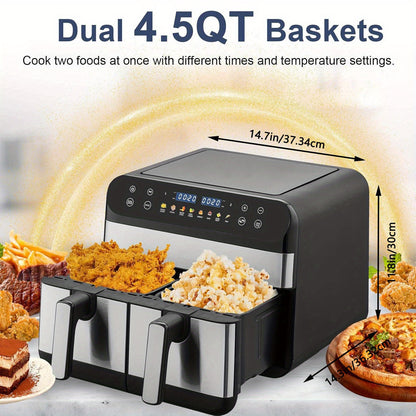 Dual Air Fryer, 9. 5QT Extra Large Family Size, XL Double Airfryer, 8 Pre-Set Menus, With 2 Drawers, Sync Cook & Smart Finish, for Healthy Oil-free Cooking, Easy Clean Baskets, 1800W