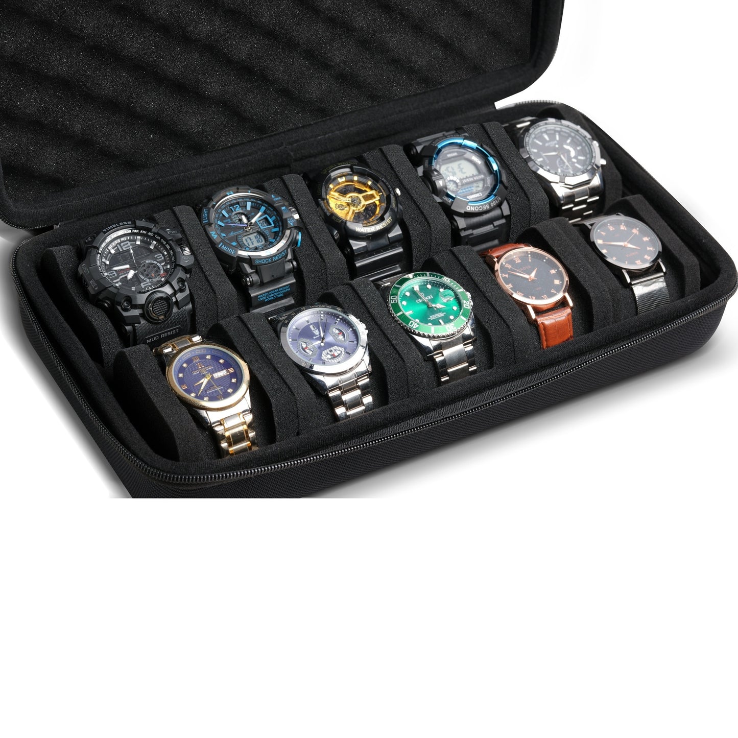 10-Slot Luxury Watch Case Organizer - Rectangle Polyester Travel Watch Box with Secure Zip & Durable Hard Shell - Interior Cushioning for Watch Protection - Ideal for Watch Collectors