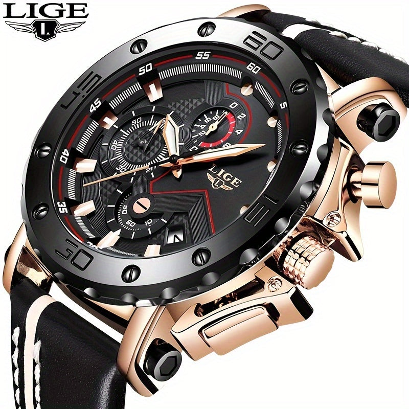 LIGE Men's Luxury Quartz Chronograph Watch, Stainless Steel Case, PU Leather Strap, Digital Movement, Button Battery Powered with Stud Embellishment, Sports Analog Wristwatch for Men and Women