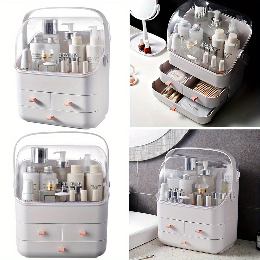 White three-layer multifunctional cosmetics storage box desktop transparent partition portable beauty makeup with drawers with handles waterproof cosmetics storage box bedroom, bathroom, cloakroom storage tool lightweight plastic dressing table