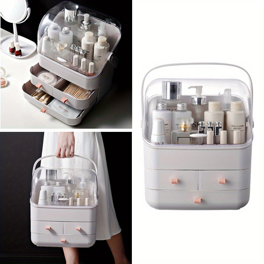 White three-layer multifunctional cosmetics storage box desktop transparent partition portable beauty makeup with drawers with handles waterproof cosmetics storage box bedroom, bathroom, cloakroom storage tool lightweight plastic dressing table