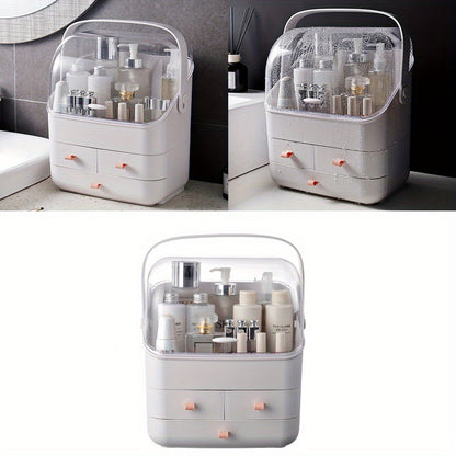 White three-layer multifunctional cosmetics storage box desktop transparent partition portable beauty makeup with drawers with handles waterproof cosmetics storage box bedroom, bathroom, cloakroom storage tool lightweight plastic dressing table