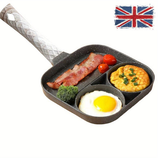 1pc Multi-Section Non-Stick Aluminum Alloy Frying Pan with Wooden Handle- 3-in-1 Breakfast Pan, Nonstick Compatible with Gas Stove and Induction Cookware, Durable and Easy to Clean