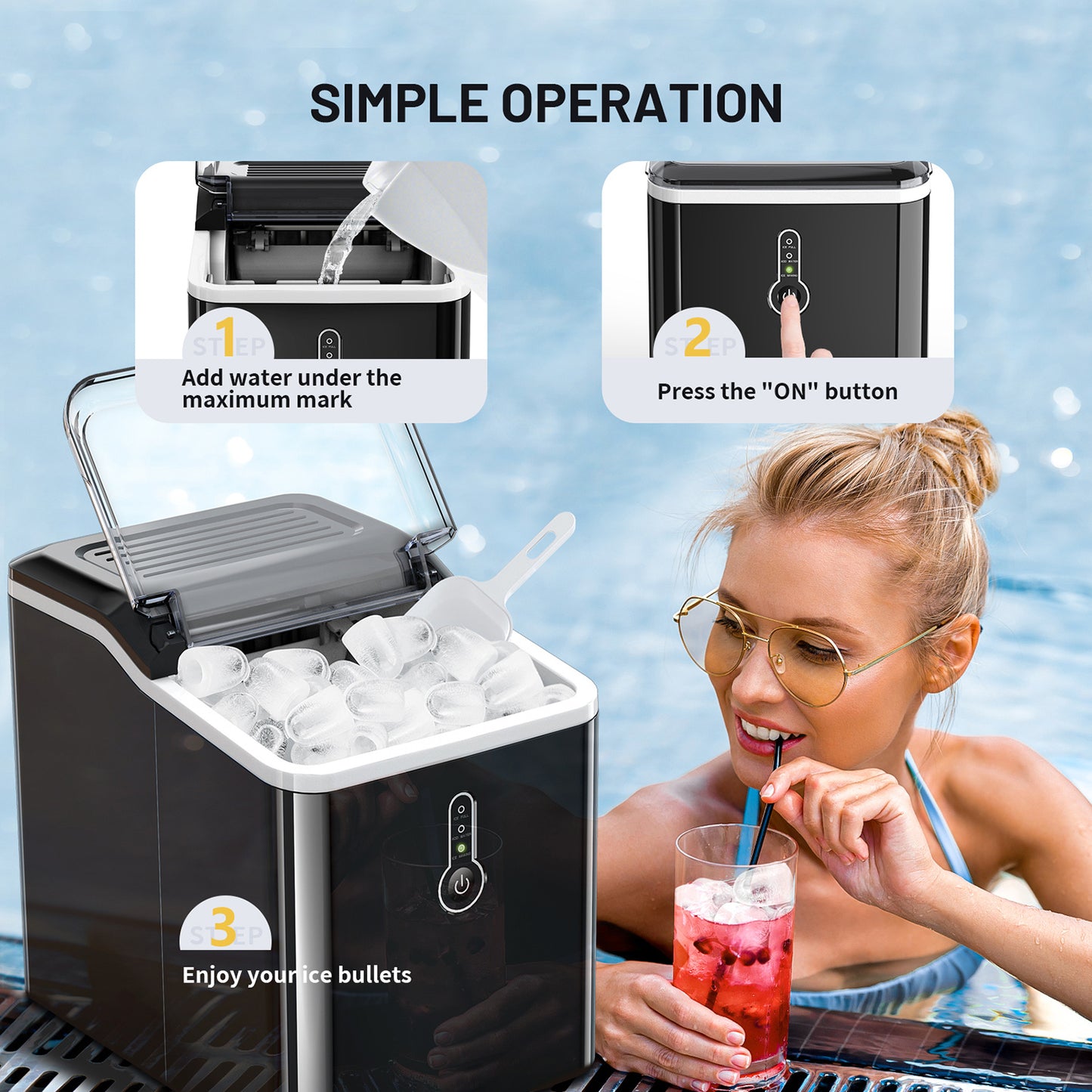 Ice Maker Machine Countertop 12kg/ 24h, 9 Ice Cubes Ready in 9 Mins, One Button Simple Ice Maker with Basket and Scoop, f