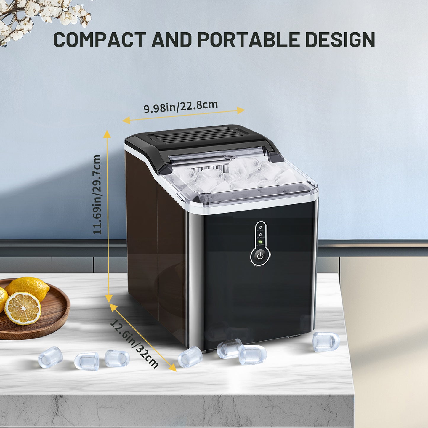 Ice Maker Machine Countertop 12kg/ 24h, 9 Ice Cubes Ready in 9 Mins, One Button Simple Ice Maker with Basket and Scoop, f