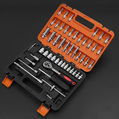 53pcs Ratchet Socket Wrench Set with Extension Rod - Durable 1/4" Drive Steel Tools for Car Maintenance & Home Use, Includes Storage Case