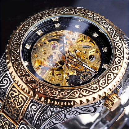 Luxury Men's Mechanical Watch - Vintage Golden Stainless Steel Skeleton Design, Automatic Movement, Ideal Gift Choice