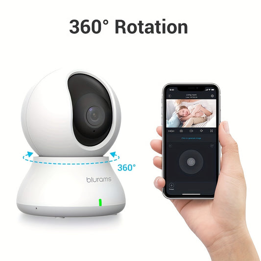 Blurams 2.4GHz Wi-Fi Camera, 2K Indoor Security Camera, 360° Pet Camera For Home Security With Motion Tracking, Phone App, 2-Way Audio, IR Night Vision, Siren, Works With Alexa