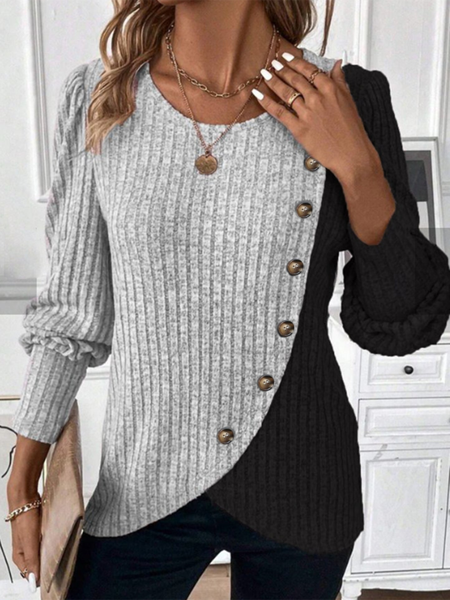 Soft Ribbed Crew Neck T-Shirt with Chic Button Detail - A Fashionable Long Sleeve Top for Spring & Fall - Womens Casual Wear