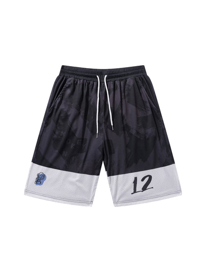 Men's Color Block 12 Graphic Print Shorts With Pockets, Active Elastic Waist Drawstring Shorts For Summer Fitness