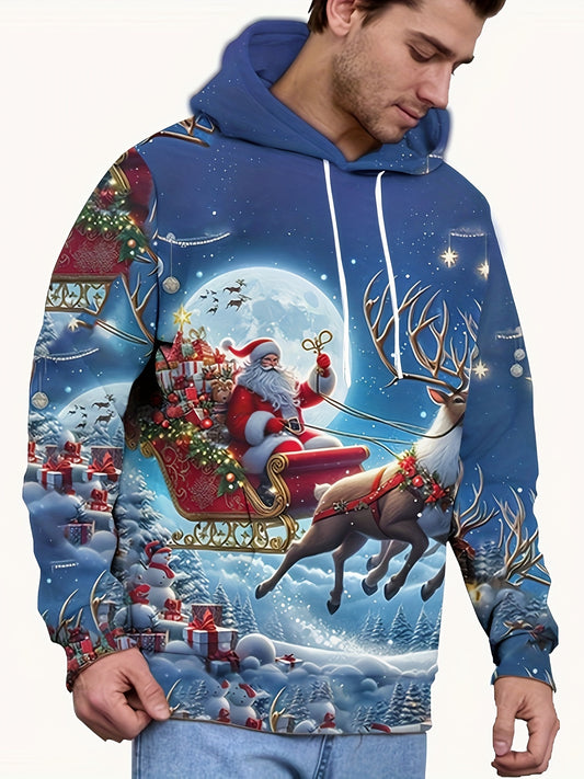 Men's Christmas Santa Claus Hoodie - Casual Long Sleeve Pullover Sweatshirt with Full Print Design, Hooded, Knit Fabric, Polyester, Regular Fit