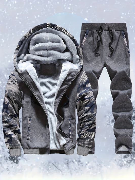 2pcs Thermal Fleece-lined Camouflaged Men's Hooded Jacket & Drawstring Pants Set for Autumn and Winter Daily Wear