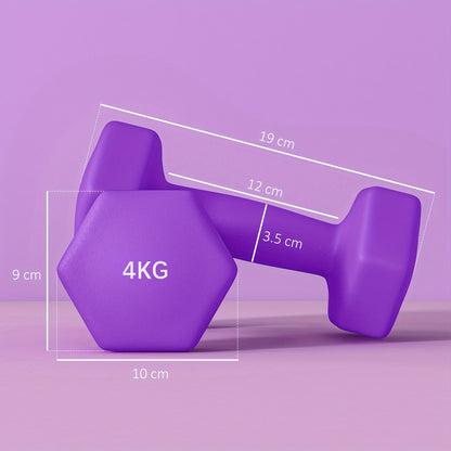 Set of 2 Hex Dumbbells, Weights Pair with Non-Slip Grip, Home Gym Fitness Training Equipment, 2 x 4kg, Purple