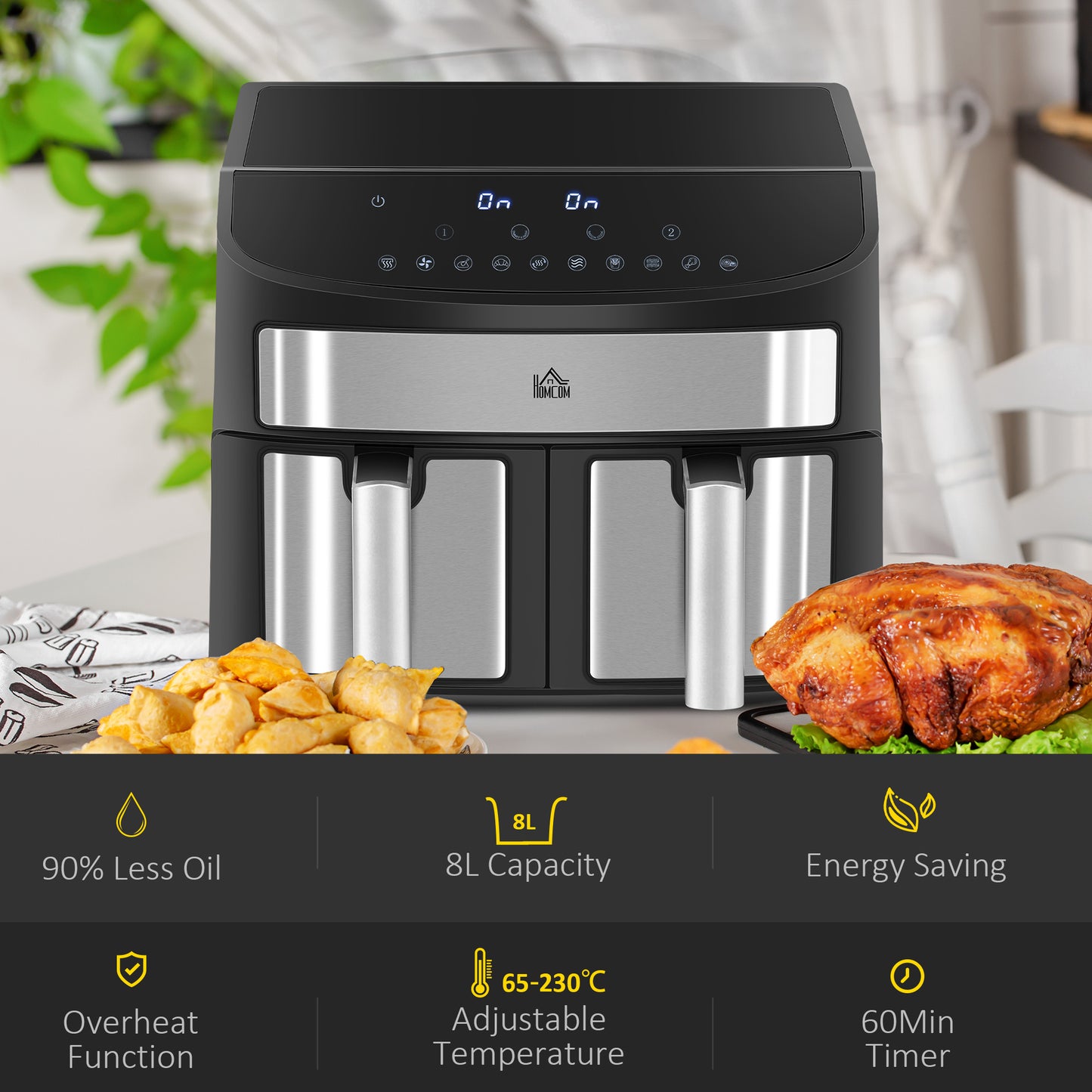 HOMCOM Dual Zone Digital Air Fryer, 10-in-1 8L Family Size with 2 x 4L Baskets, Sync Cook & Smart Finish, 60-Minute Timer for Oil Free & Low Fat Healthy Cooking, 2400W, Black