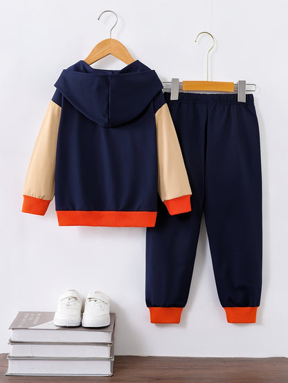 Casual Long Sleeve Hooded Baseball Jacket & Joggers Set, Street Style Pattern, 2-piece Boys Co Ord Set For Spring Fall For Daily & Outdoor Wear