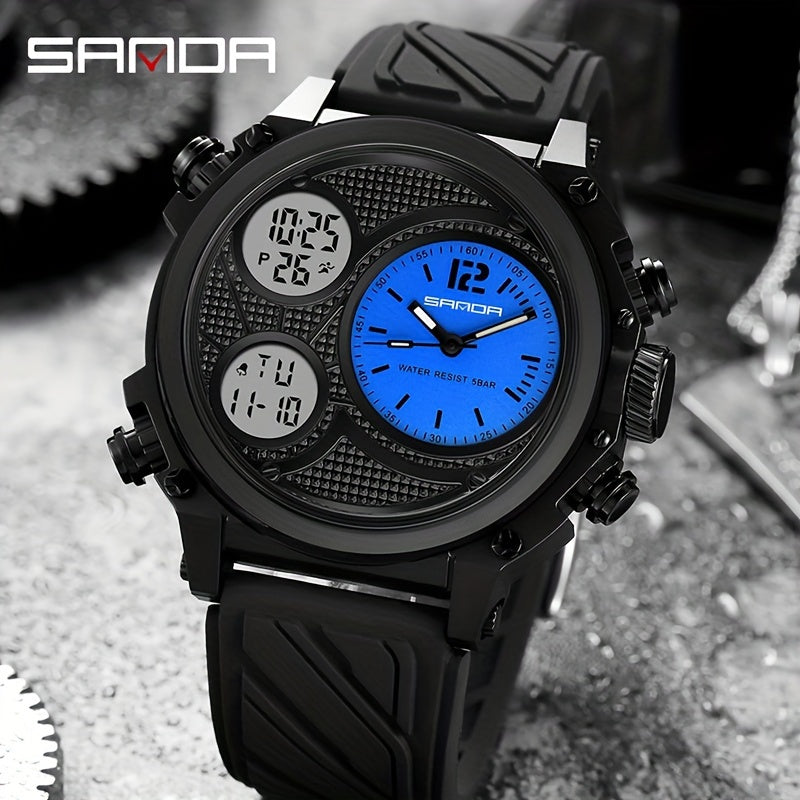 SANDA Men's Fashion Sports Watch - Waterproof, Dual Display with Stopwatch & Date Function, Luminous, Rubber Strap