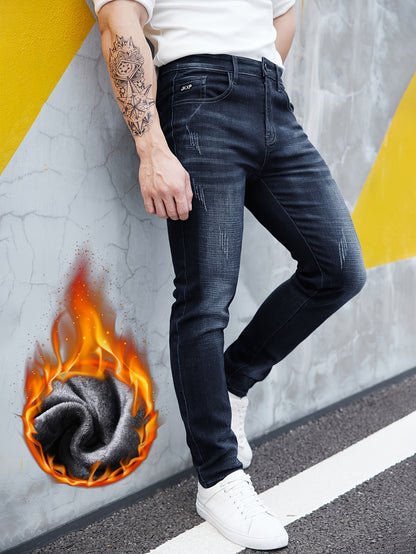 Men's Slim Fit Straight Leg Denim Pants, Men's Thickened Fleece Lined Jeans, Versatile For Autumn & Winter